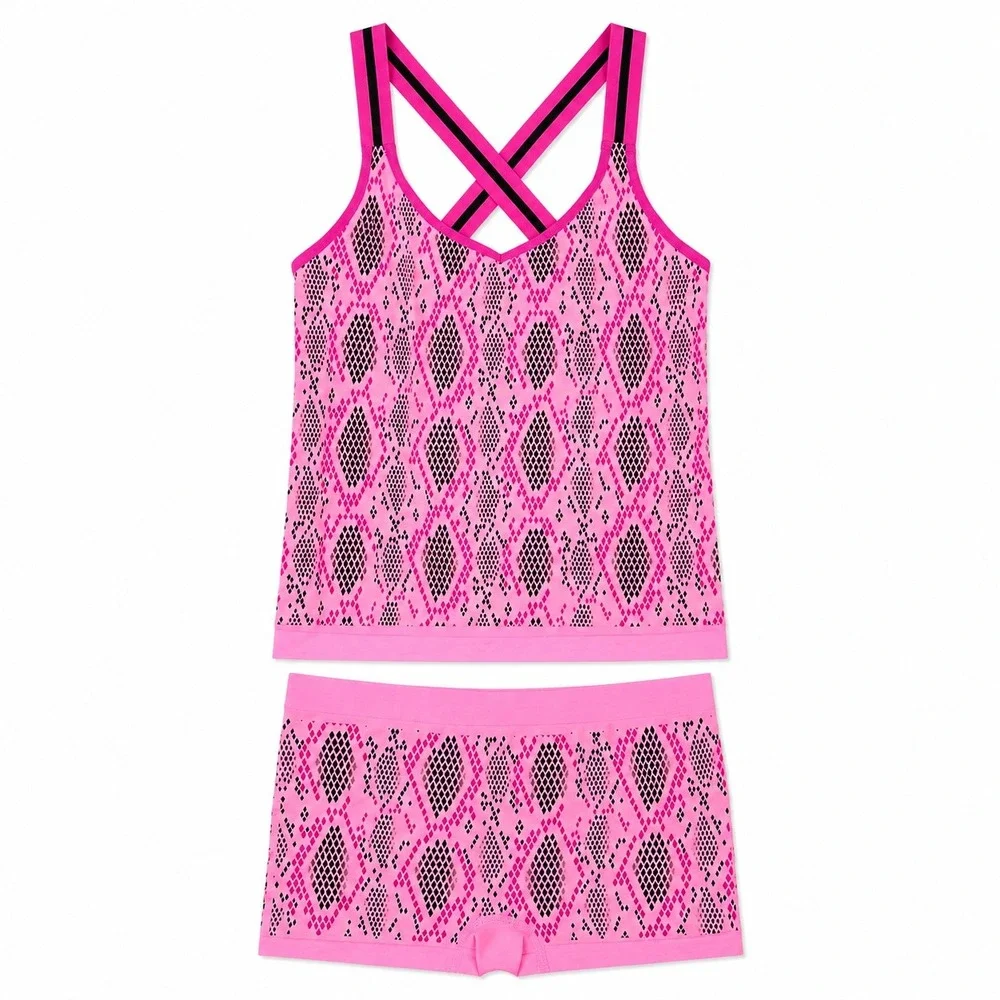 No‎ Boundaries Pink Snakeskin Activewear Tank Top and Boy Short Set Large 12-14